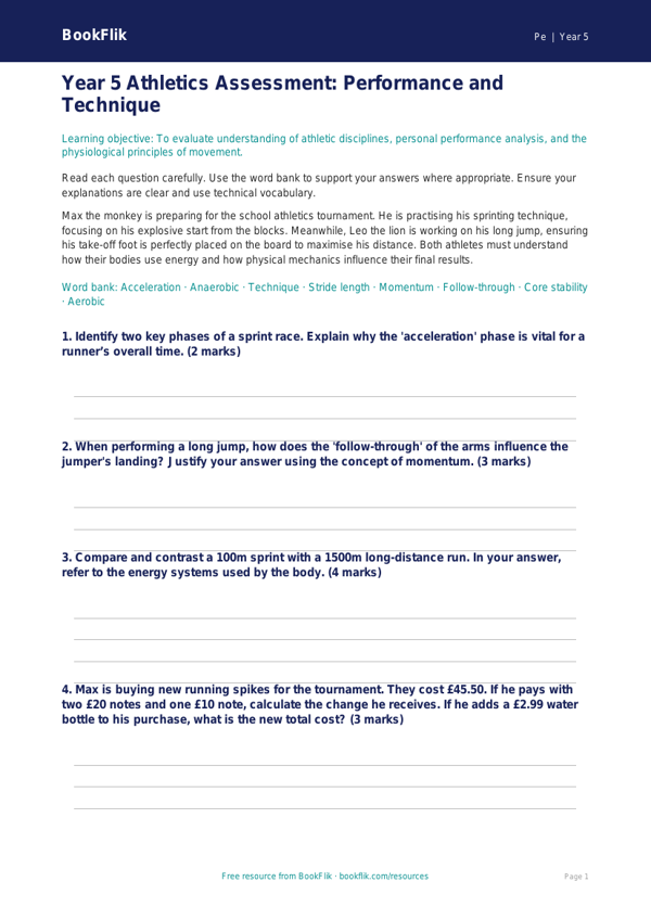 Free Athletics Assessment | Year 5 Greater Depth | BookFlik worksheet preview — Pe Athletics