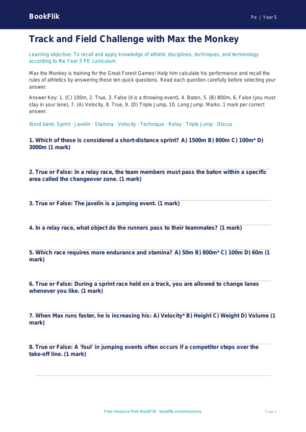 Free Athletics Quiz | Year 5 Greater Depth | BookFlik worksheet preview — Pe Athletics