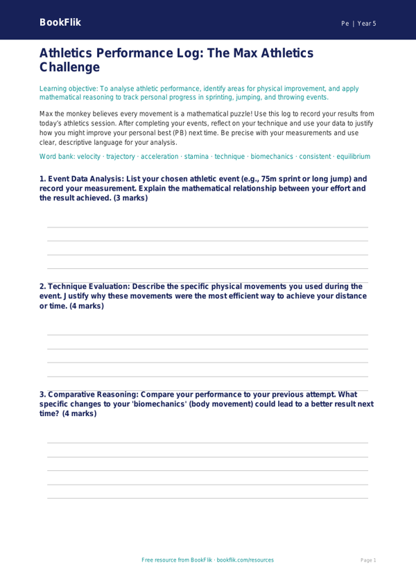 Free Athletics Template | Year 5 Greater Depth | BookFlik worksheet preview — Pe Athletics
