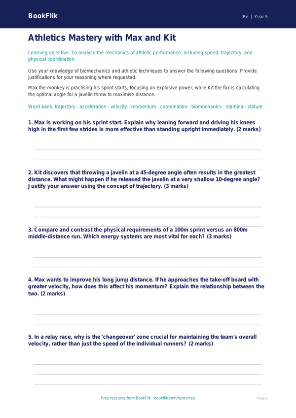 Free Athletics Worksheet | Year 5 Greater Depth | BookFlik worksheet preview — Pe Athletics