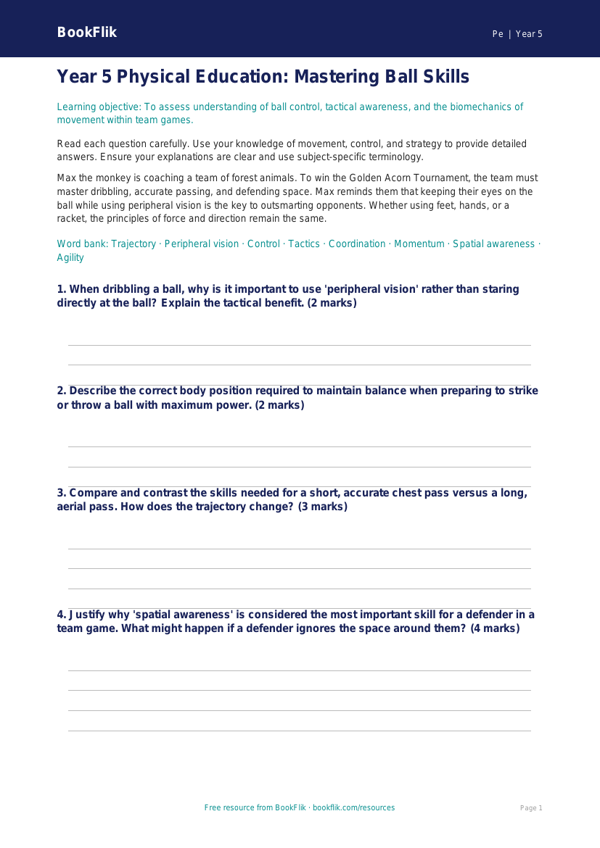 Free Ball Skills Assessment | Year 5 Greater Depth | BookFlik worksheet preview — Pe Ball Skills