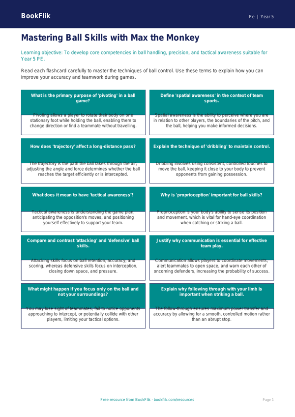 Free Ball Skills Flashcards | Year 5 Greater Depth | BookFlik worksheet preview — Pe Ball Skills