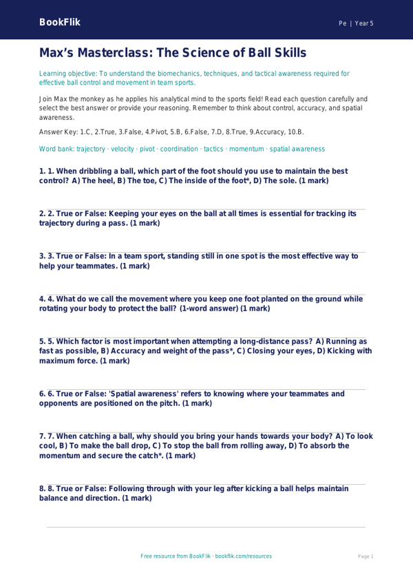 Free Ball Skills Quiz | Year 5 Greater Depth | BookFlik worksheet preview — Pe Ball Skills