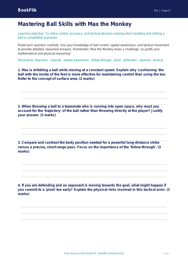 Free Ball Skills Worksheet | Year 5 Greater Depth | BookFlik worksheet preview — Pe Ball Skills