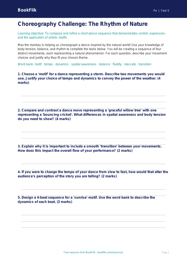 Free Dance Activity Sheet | Year 5 Greater Depth | BookFlik worksheet preview — Pe Dance