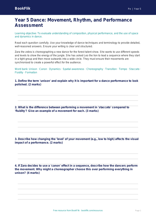 Free Dance Assessment | Year 5 Greater Depth | BookFlik worksheet preview — Pe Dance