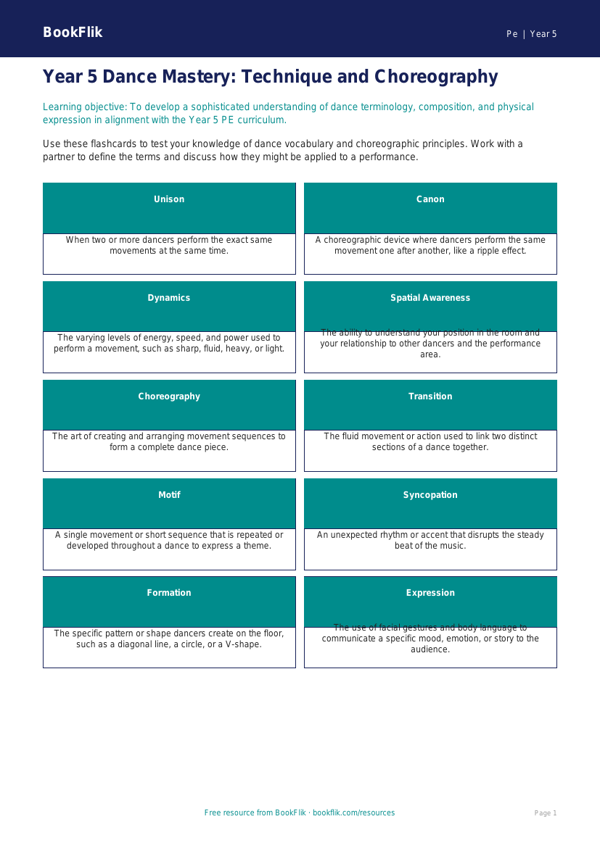 Free Dance Flashcards | Year 5 Greater Depth | BookFlik worksheet preview — Pe Dance