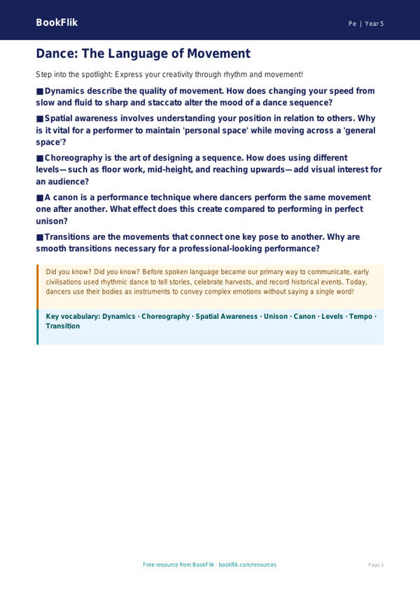 Free Dance Poster | Year 5 Greater Depth | BookFlik worksheet preview — Pe Dance