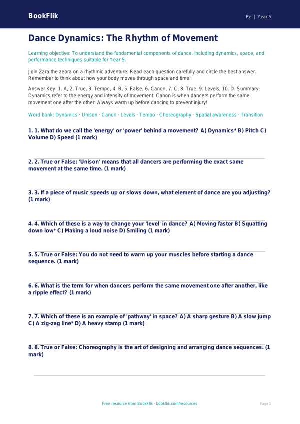 Free Dance Quiz | Year 5 Greater Depth | BookFlik worksheet preview — Pe Dance