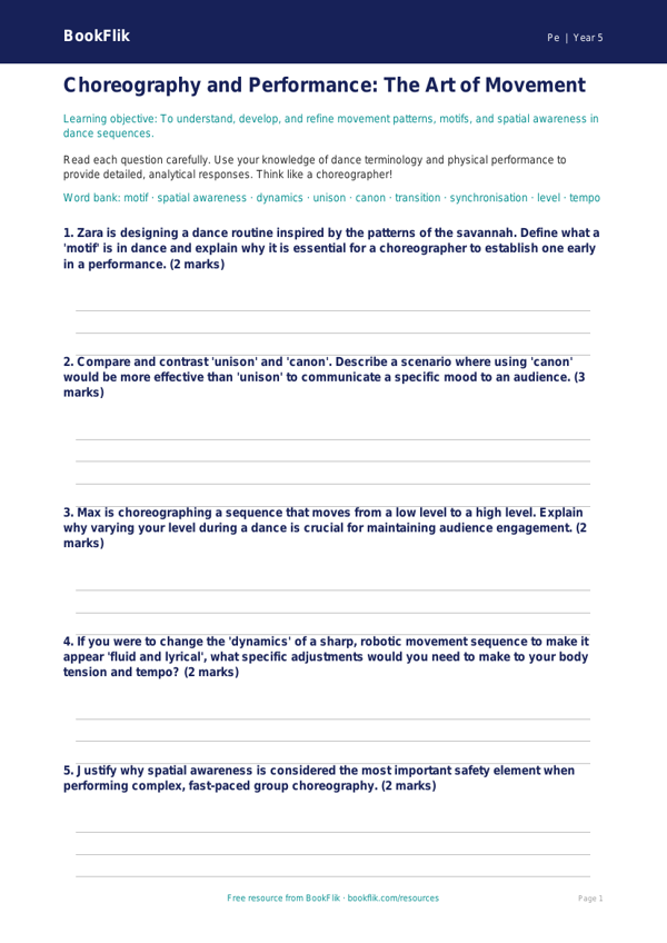 Free Dance Worksheet | Year 5 Greater Depth | BookFlik worksheet preview — Pe Dance