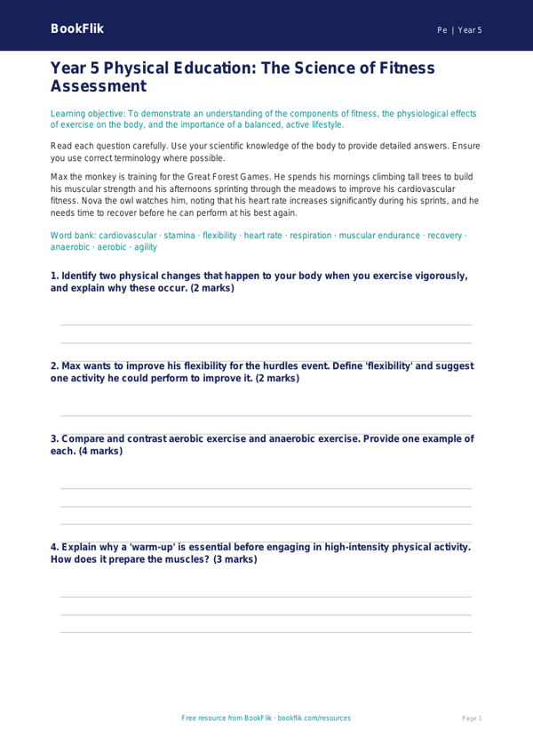 Free Fitness Assessment | Year 5 Greater Depth | BookFlik worksheet preview — Pe Fitness