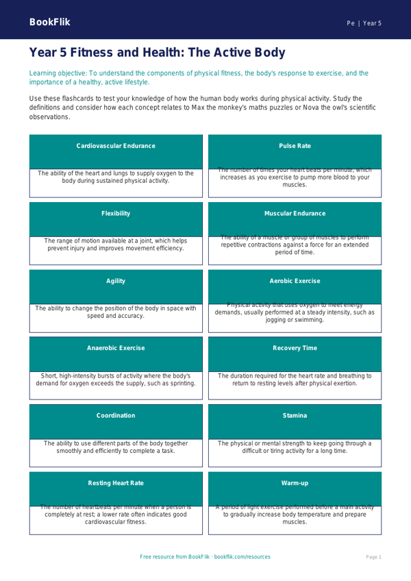 Free Fitness Flashcards | Year 5 Greater Depth | BookFlik worksheet preview — Pe Fitness