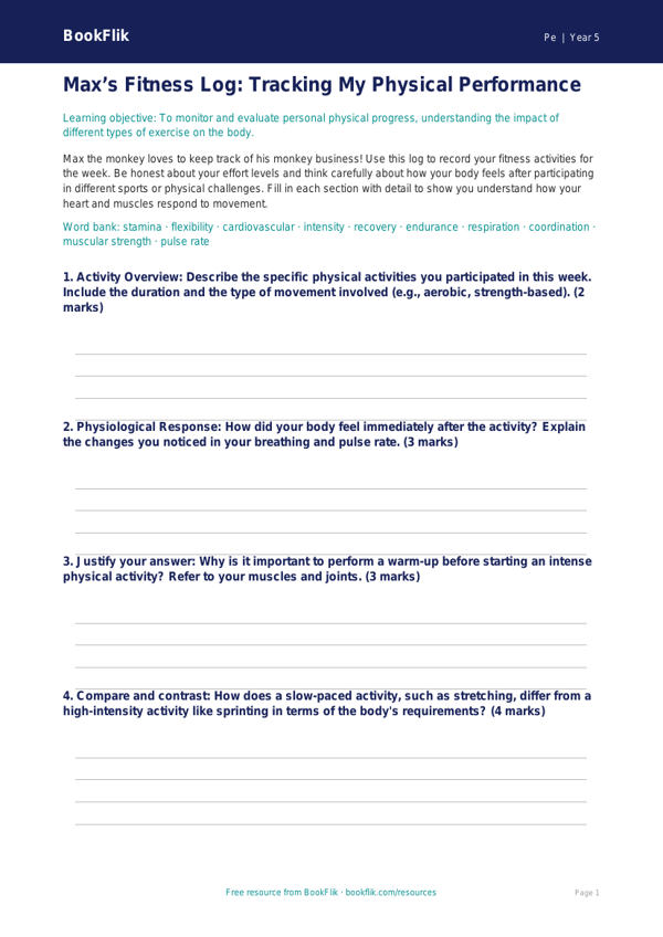 Free Fitness Template | Year 5 Greater Depth | BookFlik worksheet preview — Pe Fitness