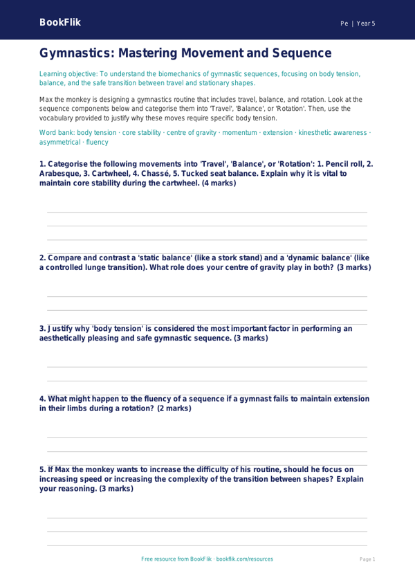Free Gymnastics Activity Sheet | Year 5 Greater Depth | BookFlik worksheet preview — Pe Gymnastics