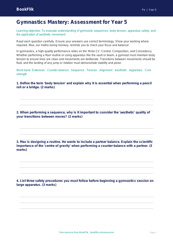 Free Gymnastics Assessment | Year 5 Greater Depth | BookFlik worksheet preview — Pe Gymnastics