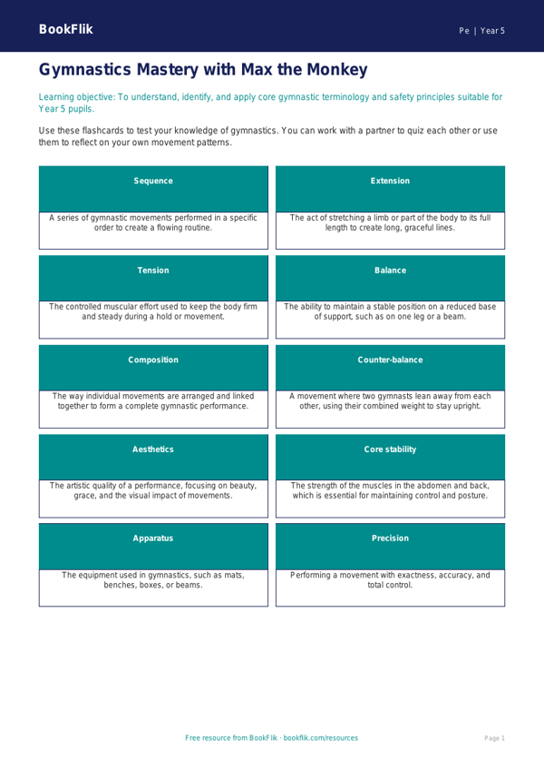 Free Gymnastics Flashcards | Year 5 Greater Depth | BookFlik worksheet preview — Pe Gymnastics