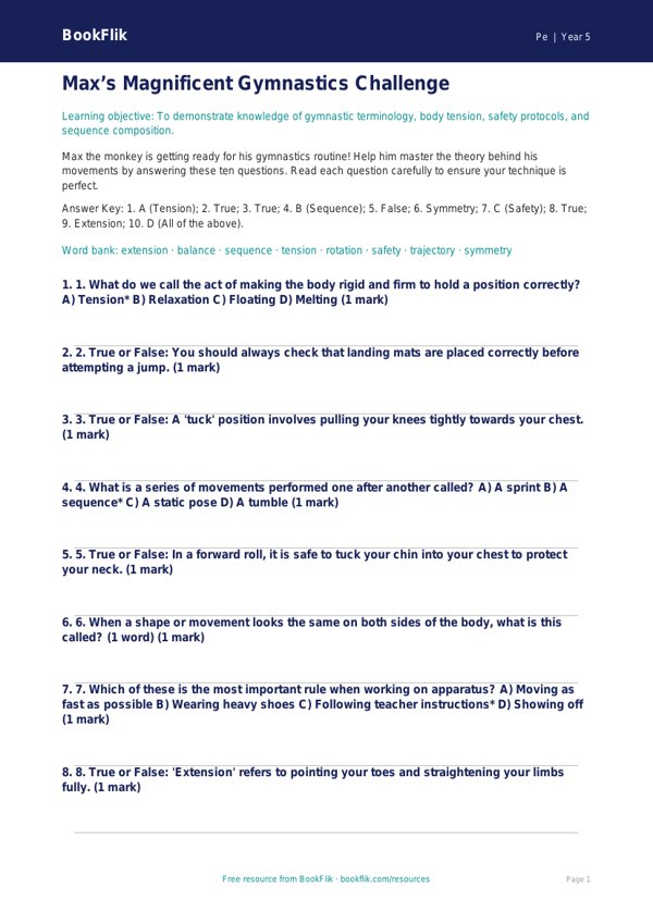 Free Gymnastics Quiz | Year 5 Greater Depth | BookFlik worksheet preview — Pe Gymnastics