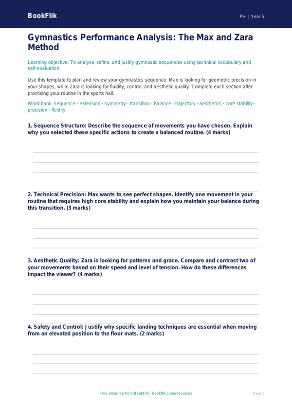 Free Gymnastics Template | Year 5 Greater Depth | BookFlik worksheet preview — Pe Gymnastics