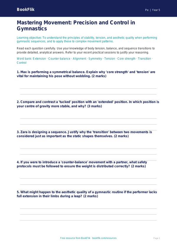 Free Gymnastics Worksheet | Year 5 Greater Depth | BookFlik worksheet preview — Pe Gymnastics