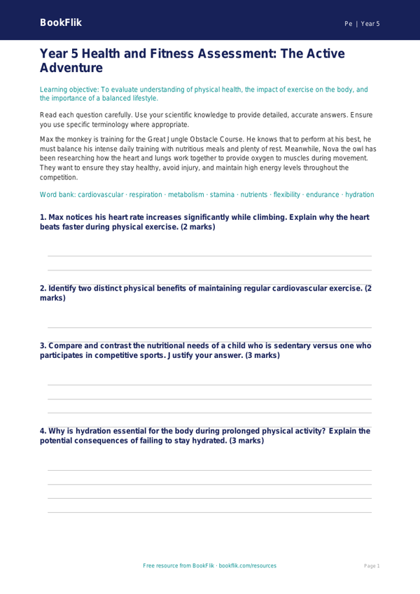 Free Health And Fitness Assessment | Year 5 Greater Depth | BookFlik worksheet preview — Pe Health And Fitness