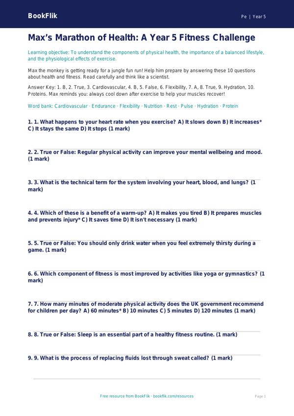 Free Health And Fitness Quiz | Year 5 Greater Depth | BookFlik worksheet preview — Pe Health And Fitness