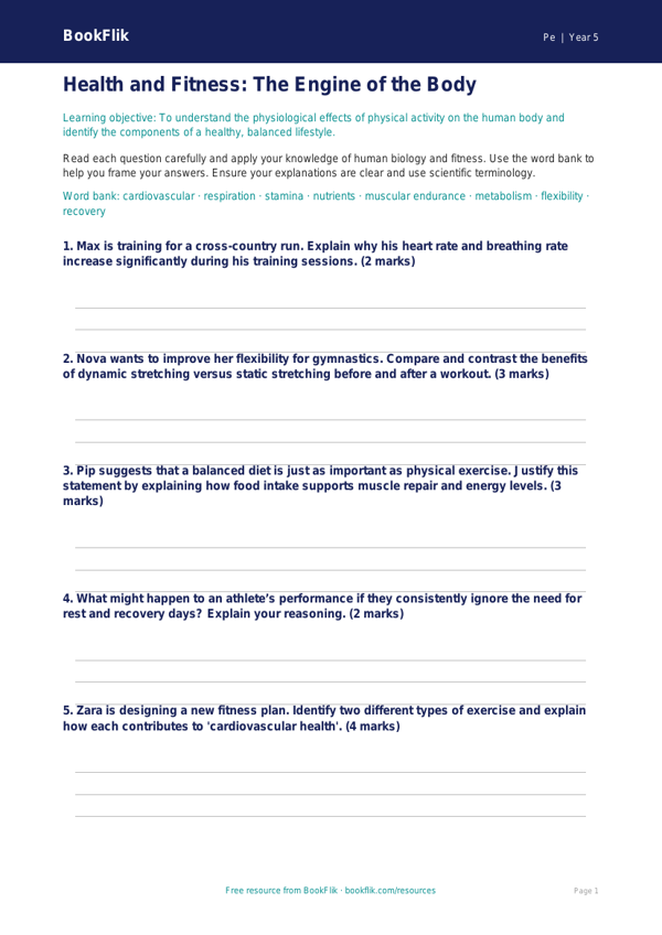 Free Health And Fitness Worksheet | Year 5 Greater Depth | BookFlik worksheet preview — Pe Health And Fitness