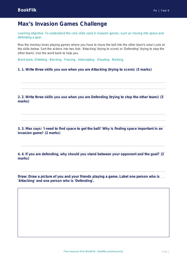 Free Invasion Games Activity Sheet | Year 4 Supported | BookFlik worksheet preview — Pe Invasion Games