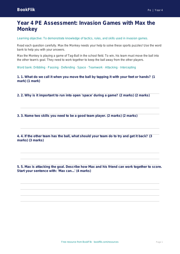 Free Invasion Games Assessment | Year 4 Supported | BookFlik worksheet preview — Pe Invasion Games
