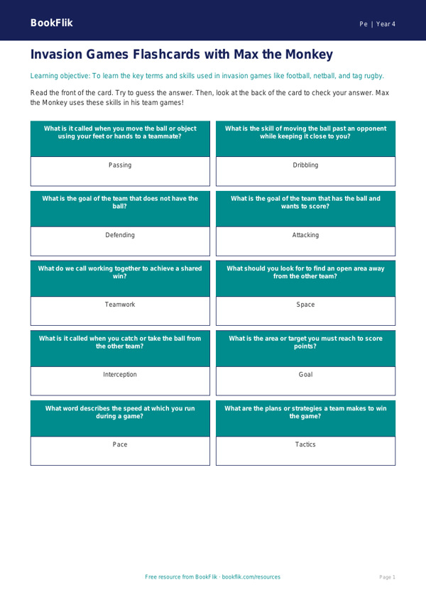 Free Invasion Games Flashcards | Year 4 Supported | BookFlik worksheet preview — Pe Invasion Games