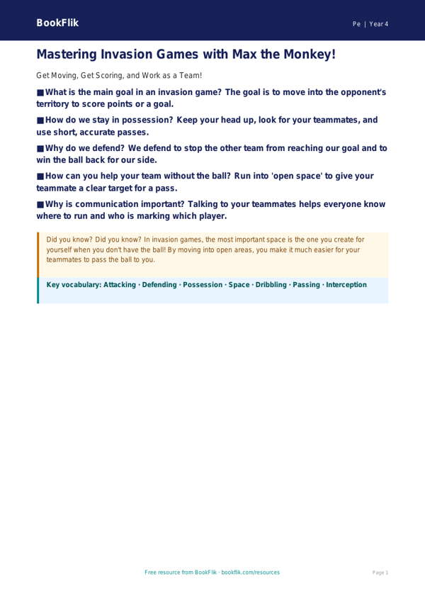Free Invasion Games Poster | Year 4 Supported | BookFlik worksheet preview — Pe Invasion Games