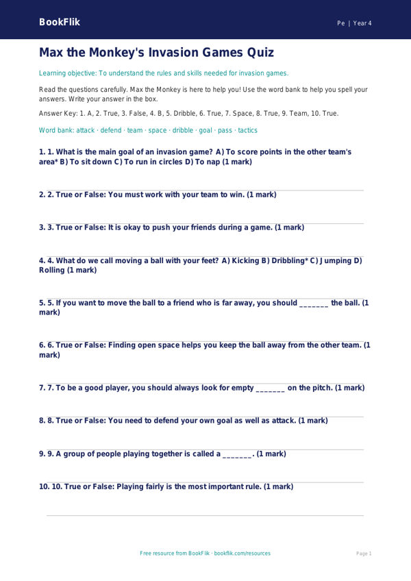 Free Invasion Games Quiz | Year 4 Supported | BookFlik worksheet preview — Pe Invasion Games