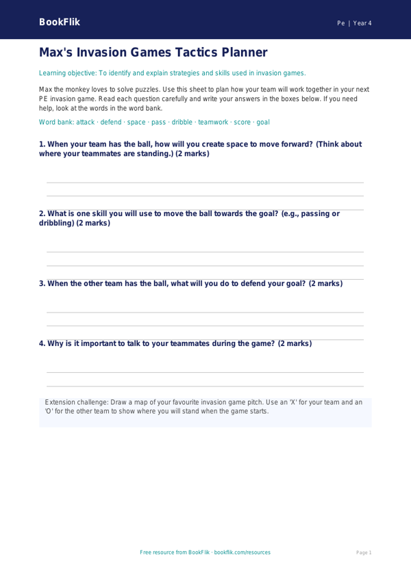 Free Invasion Games Template | Year 4 Supported | BookFlik worksheet preview — Pe Invasion Games
