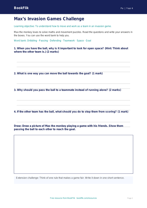Free Invasion Games Worksheet | Year 4 Supported | BookFlik worksheet preview — Pe Invasion Games