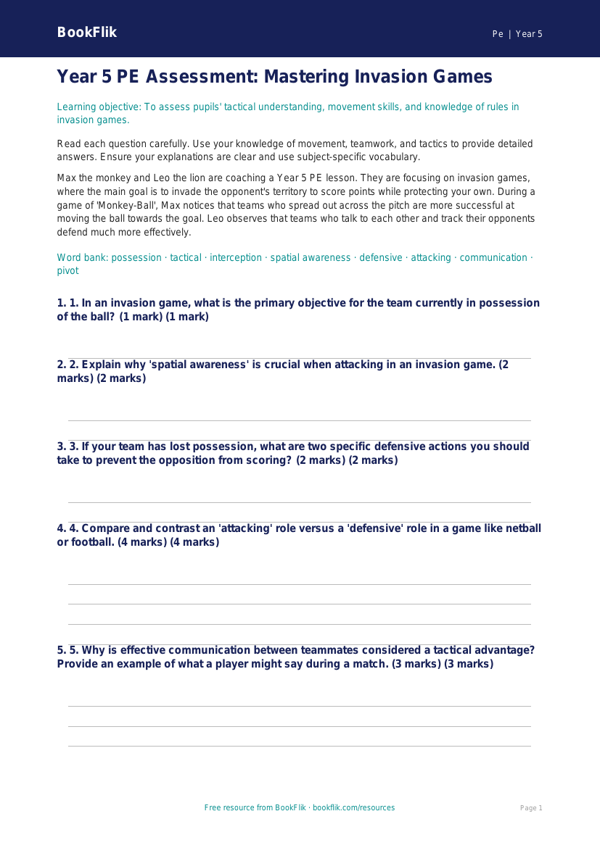 Free Invasion Games Assessment | Year 5 Greater Depth | BookFlik worksheet preview — Pe Invasion Games