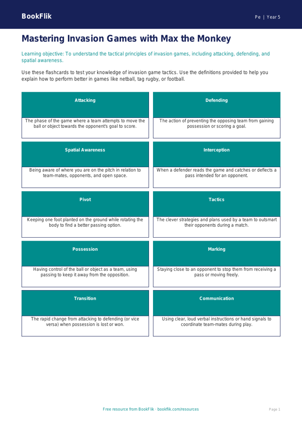 Free Invasion Games Flashcards | Year 5 Greater Depth | BookFlik worksheet preview — Pe Invasion Games