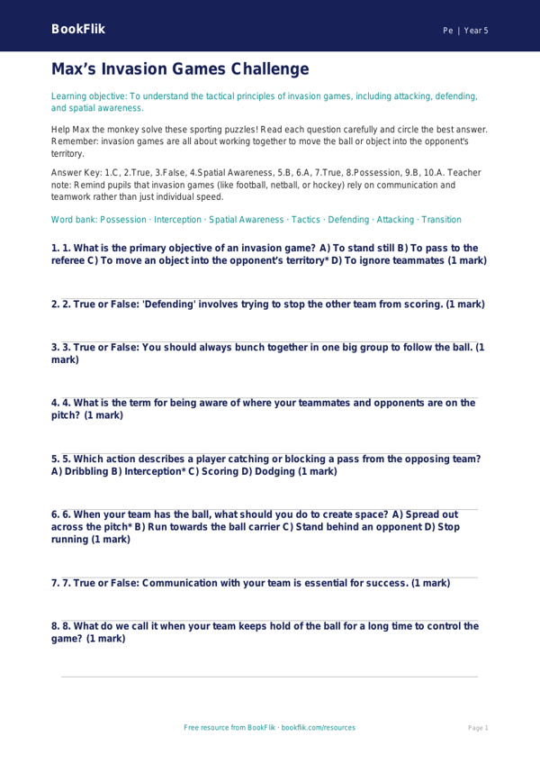 Free Invasion Games Quiz | Year 5 Greater Depth | BookFlik worksheet preview — Pe Invasion Games