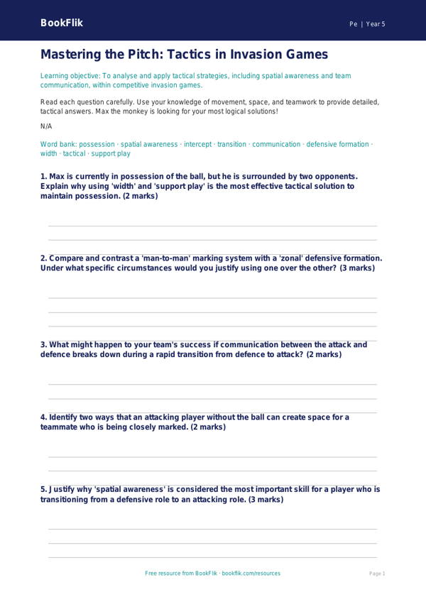 Free Invasion Games Worksheet | Year 5 Greater Depth | BookFlik worksheet preview — Pe Invasion Games