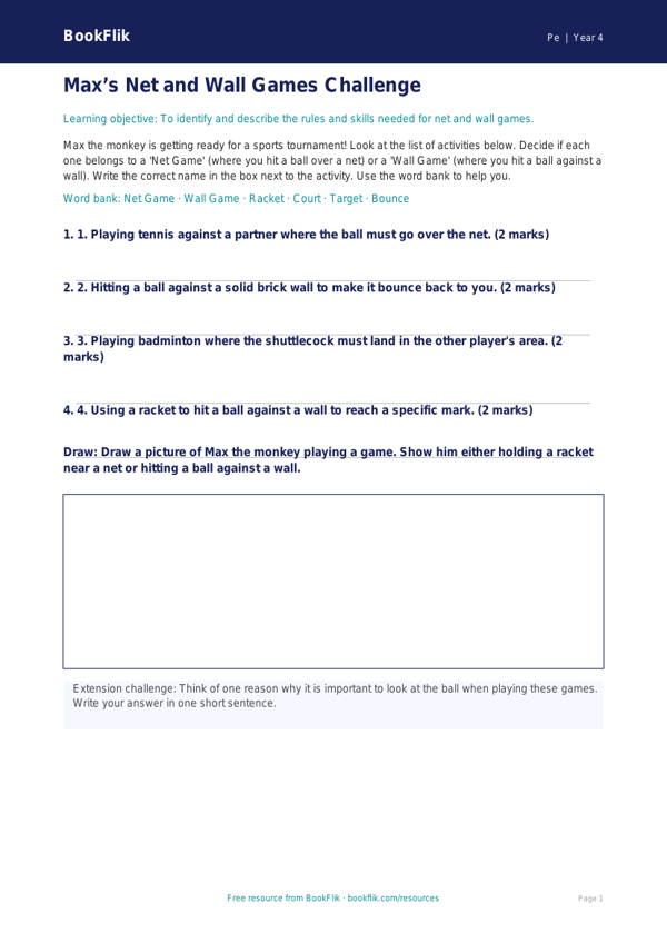 Free Net And Wall Games Activity Sheet | Year 4 Supported | BookFlik worksheet preview — Pe Net And Wall Games