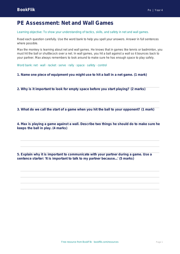 Free Net And Wall Games Assessment | Year 4 Supported | BookFlik worksheet preview — Pe Net And Wall Games
