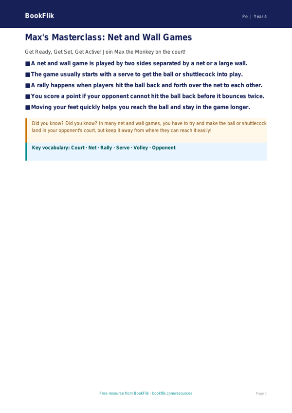 Free Net And Wall Games Poster | Year 4 Supported | BookFlik worksheet preview — Pe Net And Wall Games