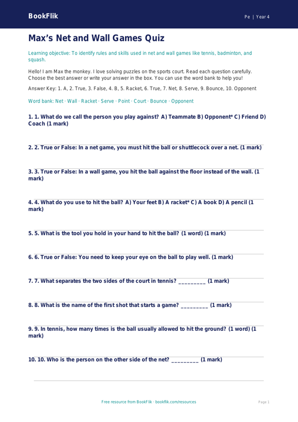 Free Net And Wall Games Quiz | Year 4 Supported | BookFlik worksheet preview — Pe Net And Wall Games