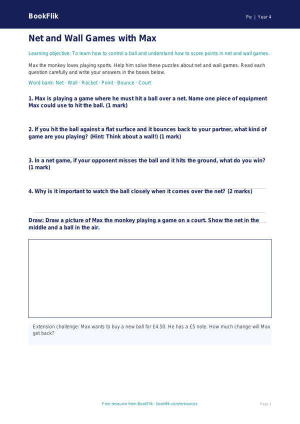 Free Net And Wall Games Worksheet | Year 4 Supported | BookFlik worksheet preview — Pe Net And Wall Games
