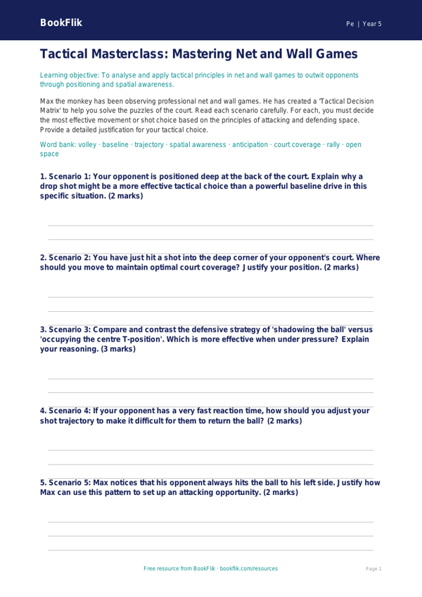 Free Net And Wall Games Activity Sheet | Year 5 Greater Depth | BookFlik worksheet preview — Pe Net And Wall Games