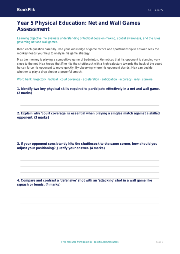 Free Net And Wall Games Assessment | Year 5 Greater Depth | BookFlik worksheet preview — Pe Net And Wall Games