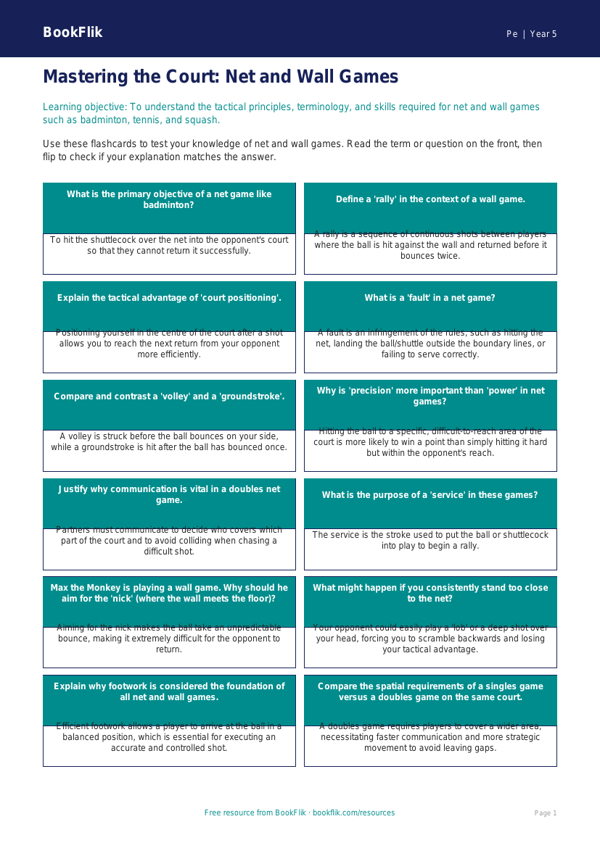 Free Net And Wall Games Flashcards | Year 5 Greater Depth | BookFlik worksheet preview — Pe Net And Wall Games