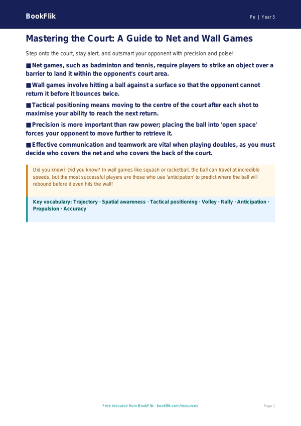 Free Net And Wall Games Poster | Year 5 Greater Depth | BookFlik worksheet preview — Pe Net And Wall Games