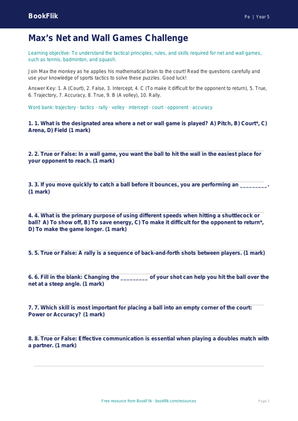 Free Net And Wall Games Quiz | Year 5 Greater Depth | BookFlik worksheet preview — Pe Net And Wall Games