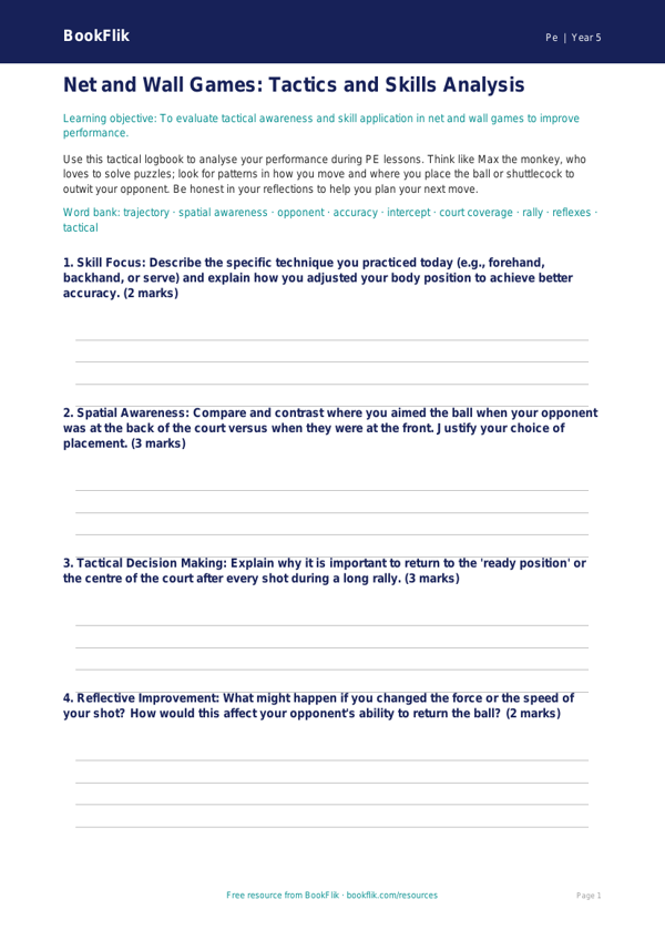Free Net And Wall Games Template | Year 5 Greater Depth | BookFlik worksheet preview — Pe Net And Wall Games