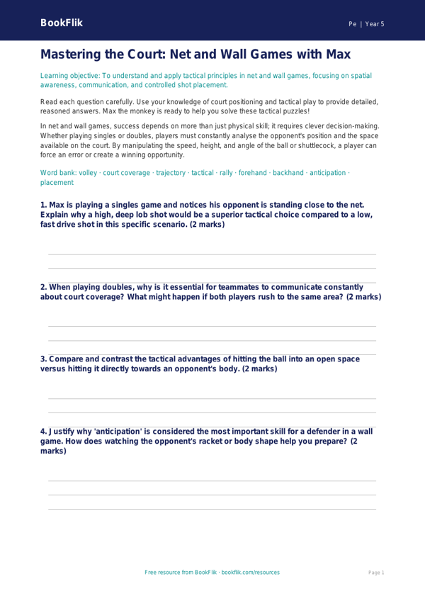 Free Net And Wall Games Worksheet | Year 5 Greater Depth | BookFlik worksheet preview — Pe Net And Wall Games