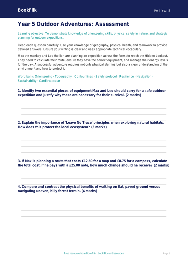 Free Outdoor Adventures Assessment | Year 5 Greater Depth | BookFlik worksheet preview — Pe Outdoor Adventures